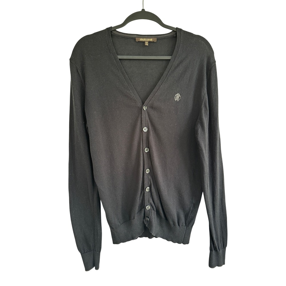 Roberto Cavalli Mens Black V-Neck Cardigan Monogram Logo Made in Italy Size S